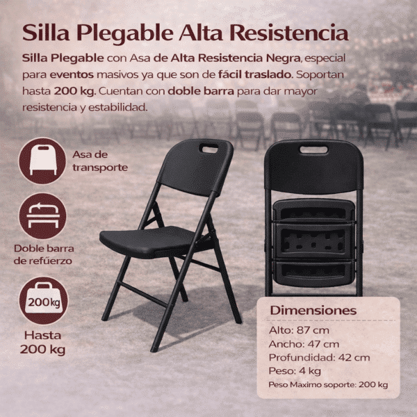 Silla plegable alta resistencia negra, diseñada para eventos masivos, con asa de transporte, capacidad de 200 kg y doble barra de refuerzo, ideal para uso en exteriores y decoración de eventos.