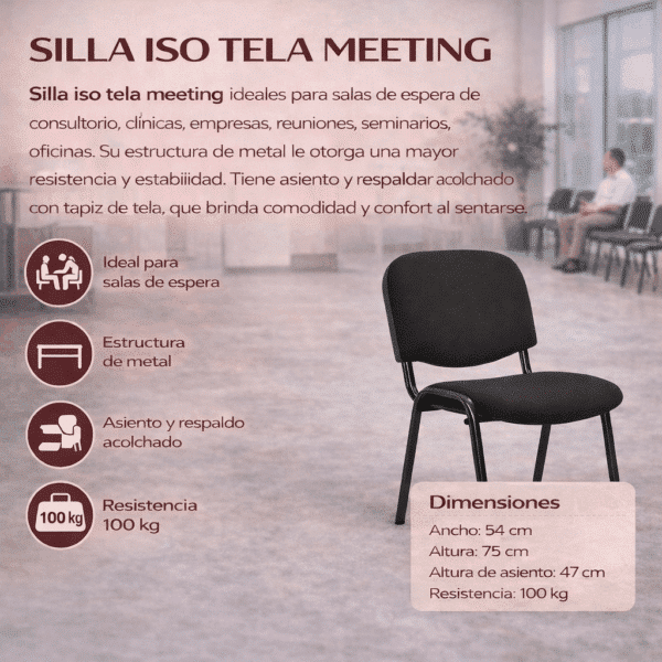 Silla ISO tela meeting negra, ideal para salas de espera, con estructura de metal, asiento y respaldo acolchado, dimensiones 54 cm de ancho y 75 cm de altura, resistencia de 100 kg.