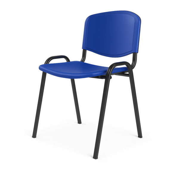 Silla ISO plástica azul con estructura metálica negra, ideal para eventos y uso cotidiano, disponible en la categoría de sillas en Calas.